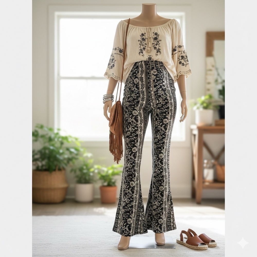 Maternity Vibes Festival Hippie Floral Print Flare Bell Bottom Leggings Small